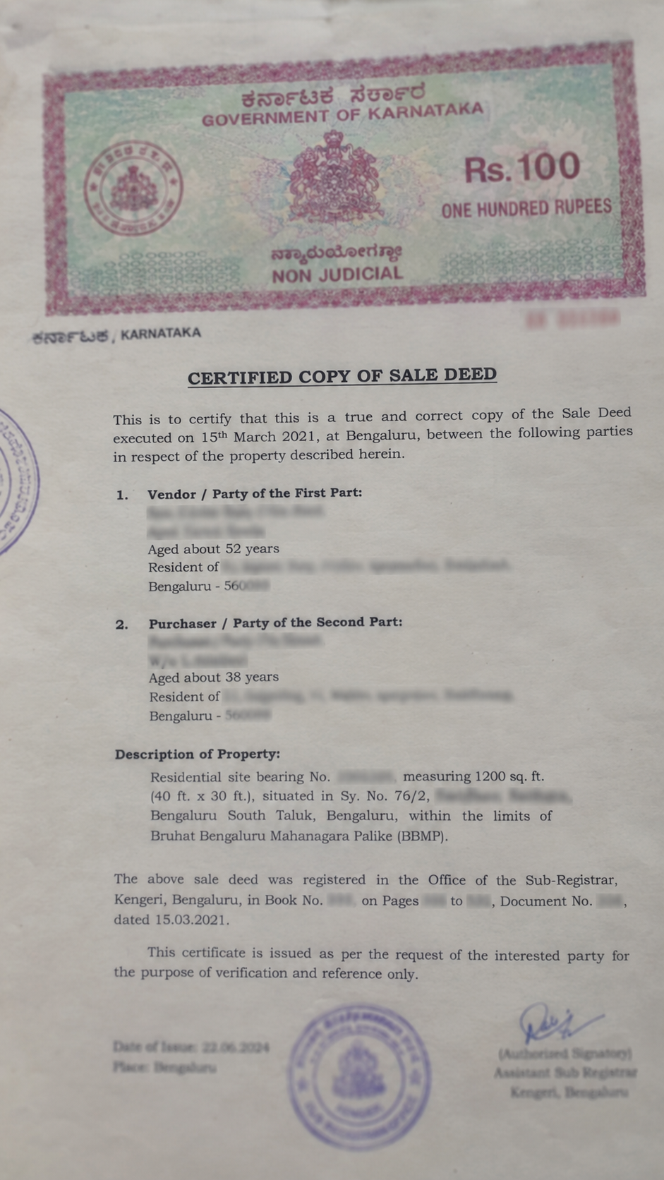 Sale Deed Certified Copy Karnataka